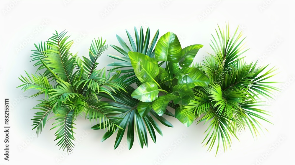 Lush green tropical leaves arranged against a white background, showcasing nature's freshness and vibrant foliage. Lush green tropical leaves arranged against a white background, showcasing nature's freshness and vibrant foliage.