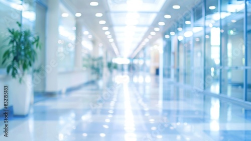 a blurred background of a hospital long lobby hallway
