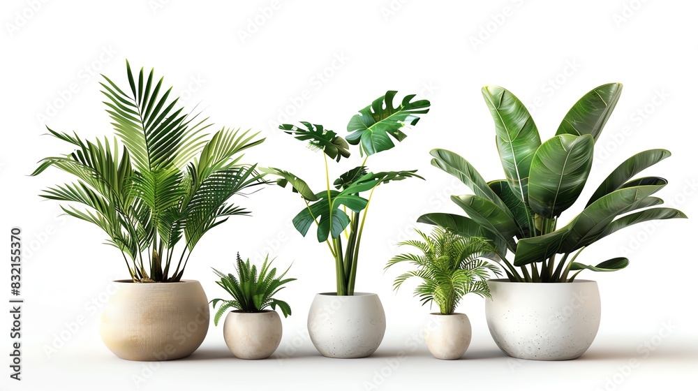 A collection of various potted houseplants arranged in a row on a white background, showcasing lush green foliage.