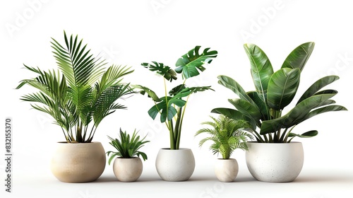 A collection of various potted houseplants arranged in a row on a white background  showcasing lush green foliage.