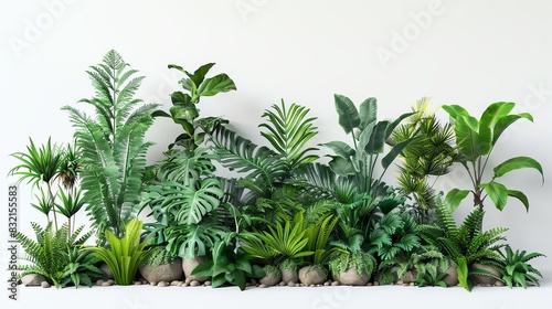 Lush green houseplants arranged against a pristine white wall, creating a fresh and vibrant indoor garden display with various plant types. photo