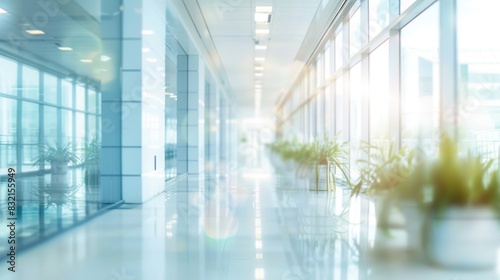 a blurred background of a hospital long lobby hallway