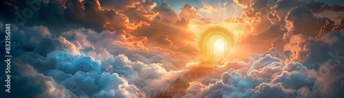 A majestic staircase ascending through soft clouds towards a radiant golden archway, bathed in divine light, symbolizing a journey to enlightenment photo