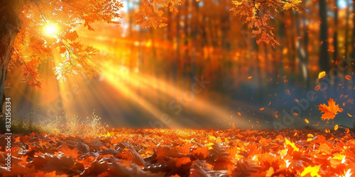 Sunlit autumn forest with vibrant orange leaves and falling foliage creating a warm and enchanting atmosphere with golden sunlight filtering through the trees 
