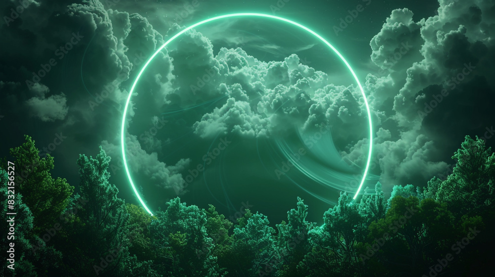 A soft forest neon ring enhances the swirling clouds in a dark sky, 3D landscape, A soft forest neon ring enhances the swirling clouds in a dark sky, 3D landscape,