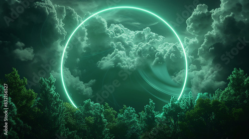 A soft forest neon ring enhances the swirling clouds in a dark sky, 3D landscape, photo