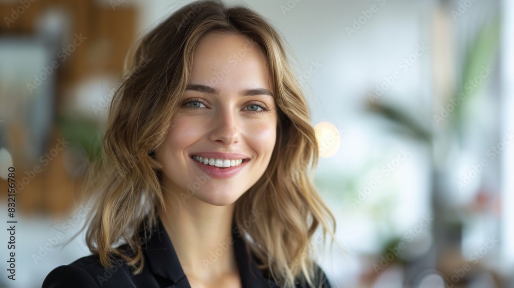 Professional businesswoman with bright smile in white office setting Professional businesswoman with bright smile in white office setting