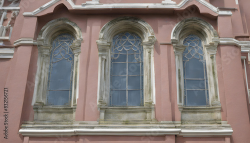 A window in The Holy Rosary Church is a Roman Catholic church in Bangkok.