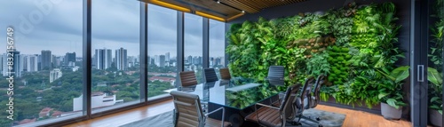 A modern boardroom infused with natural elements, featuring fullwall living greenery and a hightech glass table, set against a backdrop of an urban skyline photo