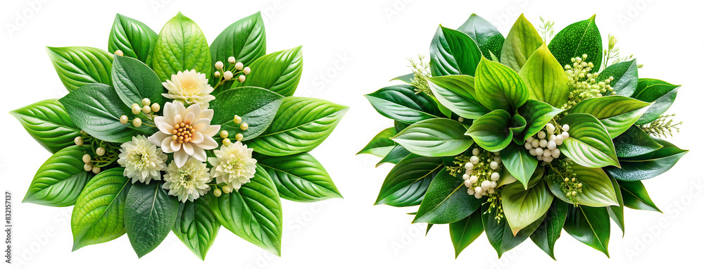 Naklejka premium Set of white flowers with green leaves floral arrangement, isolated on transparent background