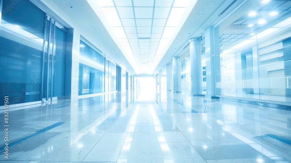 a blurred background of a hospital long lobby hallway