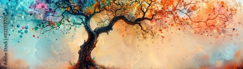 A mystical tree with branches that metamorphose into a cascade of vivid paint splatters, set against a soft, ethereal background, capturing the essence of artistic nature photo