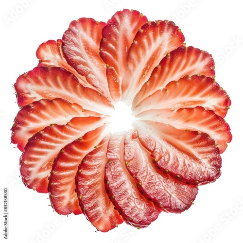Ripe strawberry slices isolated on white background, displaying bright red flesh.