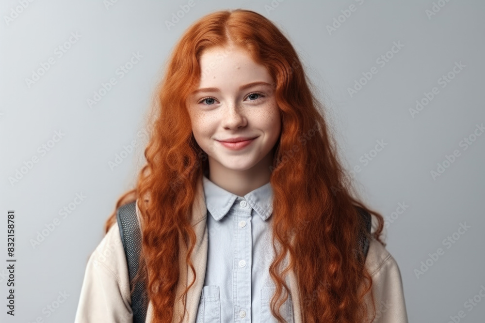 Smiling Young Red Haired Girl, Redhead Schoolgirl with Freckles Wearing Backpack and White Shirt Standing against Grey Background Smiling Young Red Haired Girl, Redhead Schoolgirl with Freckles Wearing Backpack and White Shirt Standing against Grey Background