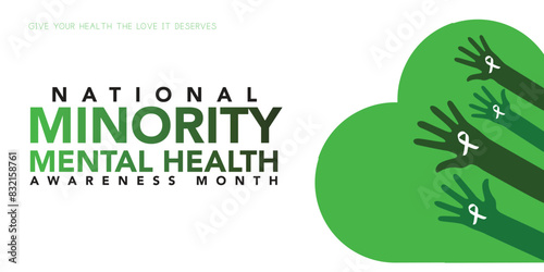 Minority Mental Health Awareness Month. Vector web banner for social media, poster, card, flyer. Text Minority Mental Health Awareness Month, July. Human head, a plant with leaves on white background.