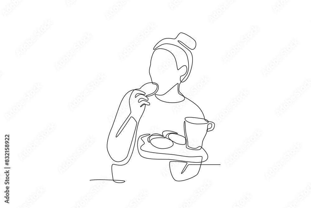 Woman eating biscuits and drinking milk at breakfast. Eating breakfast concept one-line drawing Woman eating biscuits and drinking milk at breakfast. Eating breakfast concept one-line drawing