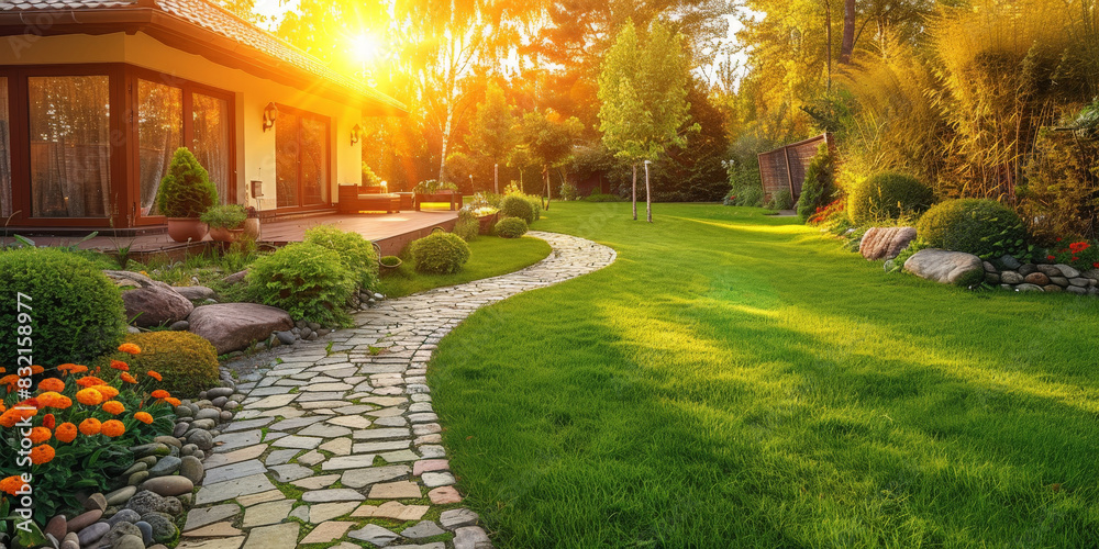 Fototapeta premium Charming house with a stone path winding through a lush garden under the warm glow of a beautiful sunset 