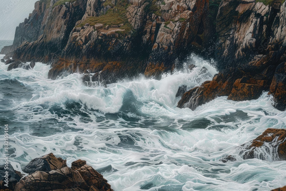 Rocky cliffs meeting crashing waves