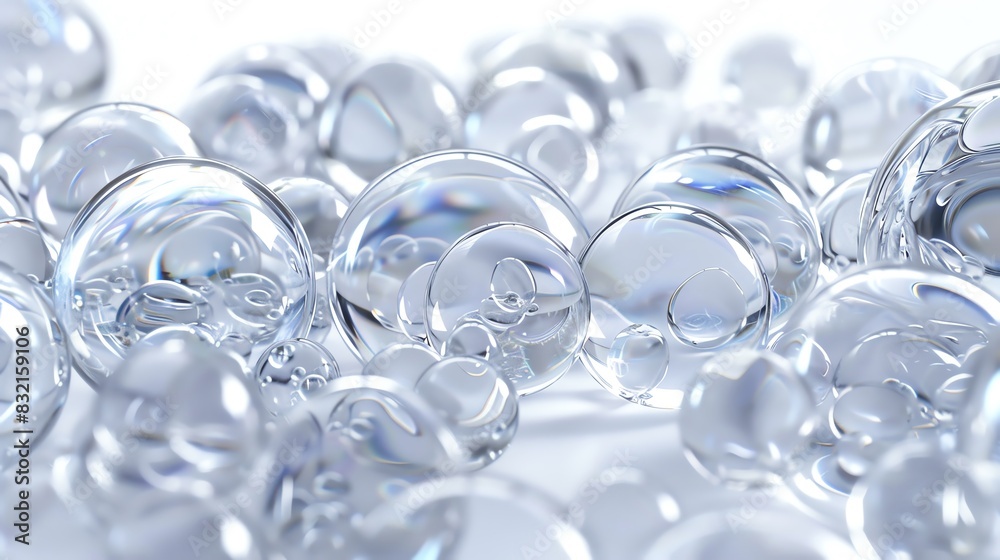 Close-up image of transparent glass bubbles, showcasing their reflective surfaces and intricate details, perfect for abstract or science themes.