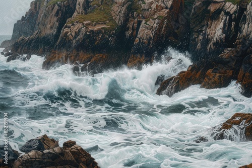 Rocky cliffs meeting crashing waves