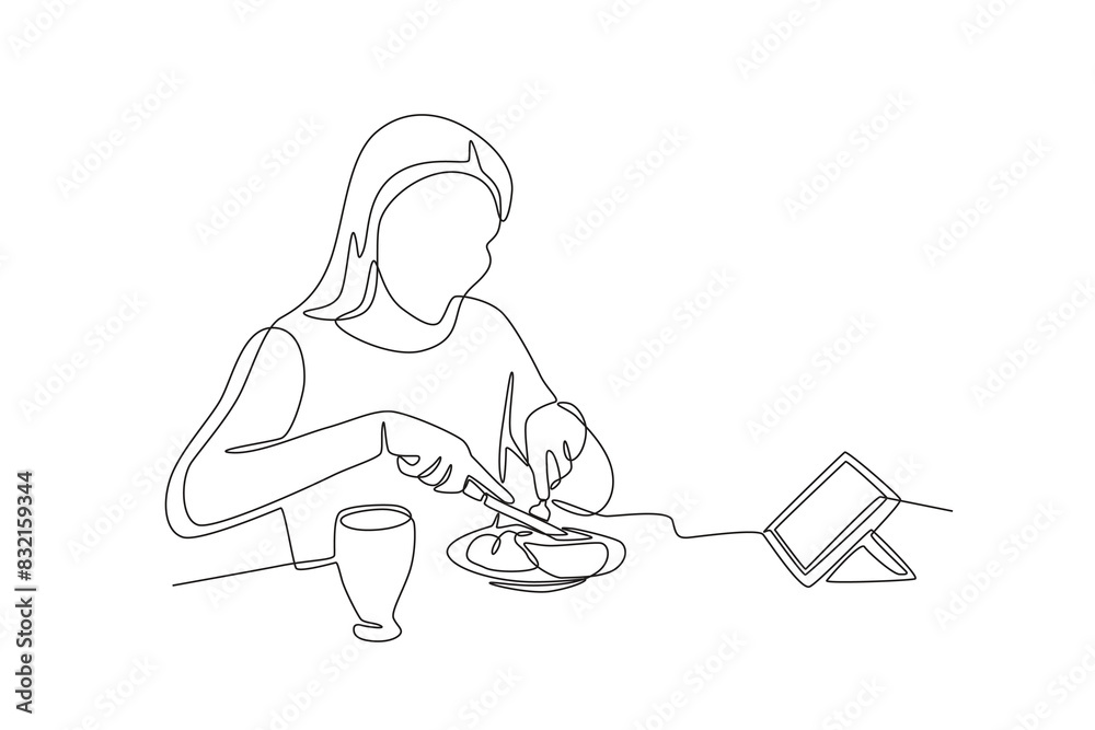 Woman having breakfast while looking at tablet. Eating breakfast concept one-line drawing Woman having breakfast while looking at tablet. Eating breakfast concept one-line drawing