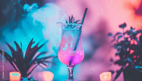 Tropical vibes  pina colada on bar counter with neon signs and palm trees under summer sun