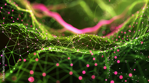 Natural green wireframe design with pink plexus connections, vibrant and techy, photo