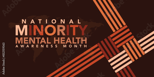 Minority Mental Health Awareness Month. Vector web banner for social media, poster, card, flyer. Text Minority Mental Health Awareness Month, July. Human head, a plant with leaves on white background.