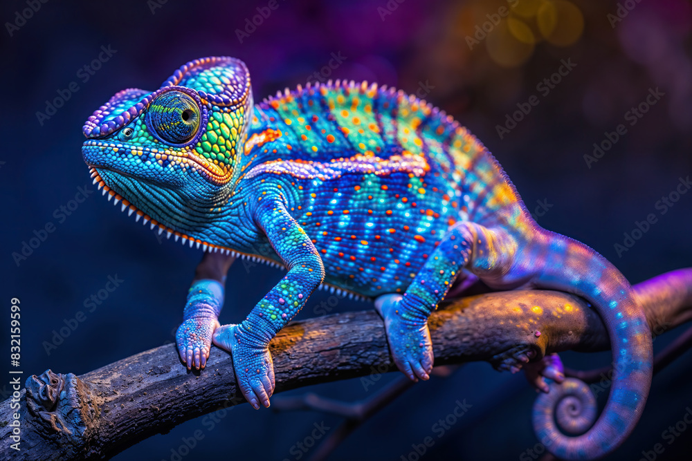 Fototapeta premium A vibrant chameleon perched on a tree branch, showcasing its colorful scales and distinctively shaped body.