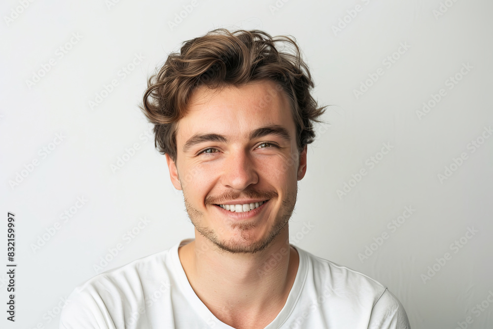 Portrait of a smiling man in white t-shirt against white background Portrait of a smiling man in white t-shirt against white background