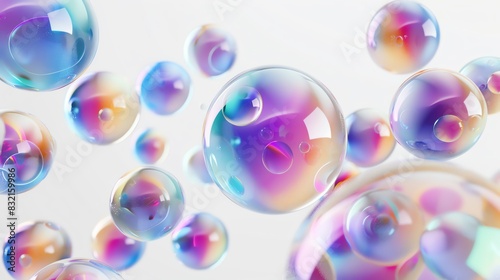 Vibrant iridescent soap bubbles floating against a white background, showcasing a mesmerizing rainbow of colors and reflections.