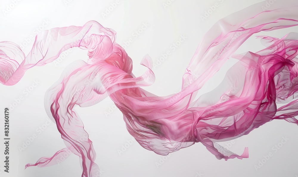 Fototapeta premium Abstract pink and red smoke flowing gracefully on a white background, creating an ethereal and delicate visual effect.