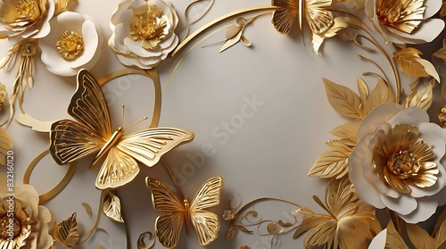 depicts a white background with gold 3D butterflies and flowers. photo