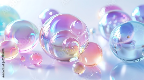 Vibrant iridescent soap bubbles in pastel colors against a white background, creating a dreamy and whimsical atmosphere perfect for creative projects.