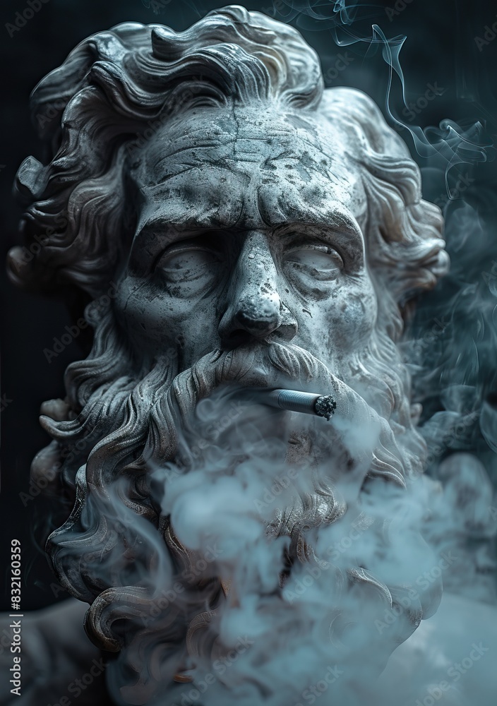 Classical marble statue of bearded man smoking, surrounded by smoke, exuding a mysterious and enigmatic aura in dim lighting.
