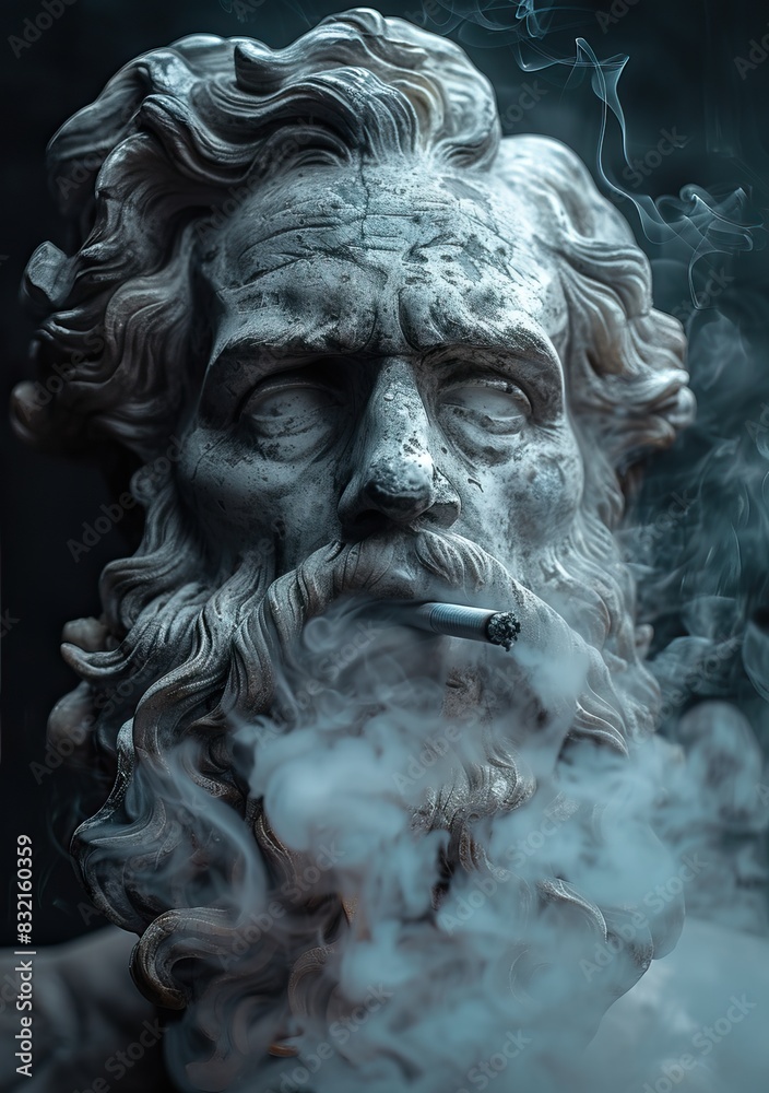 Classical marble statue of bearded man smoking, surrounded by smoke, exuding a mysterious and enigmatic aura in dim lighting. Classical marble statue of bearded man smoking, surrounded by smoke, exuding a mysterious and enigmatic aura in dim lighting.