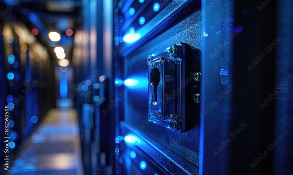 Close-up of a secure lock on a server rack in a high-tech data center.