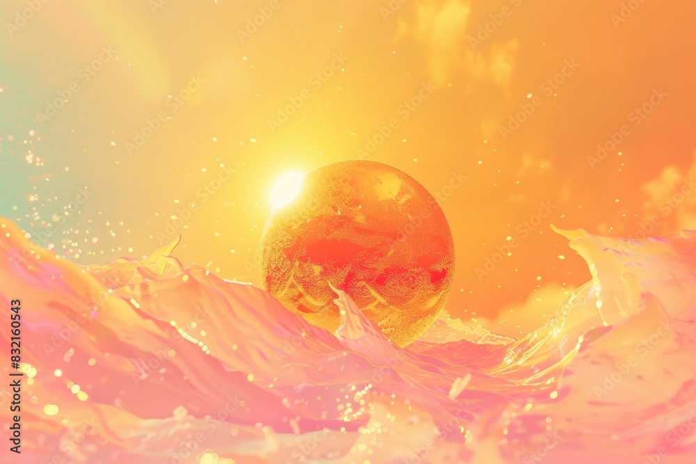 Fototapeta premium Above the earthly realm, sun and moon, painted in shades of orange and yellow, cast their luminous glow upon the atmosphere, creating a mesmerizing display of sparkling light.
