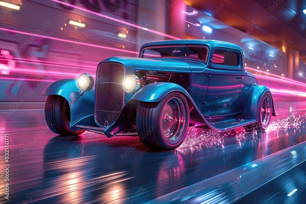 A vintage blue hot rod car speeds through a neon-lit city street at night, creating a dynamic and vibrant scene with light streaks.