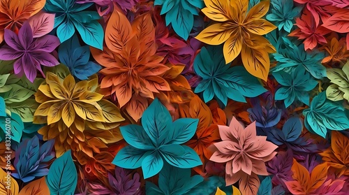 colorful background with a pattern of various flowers made of paper.