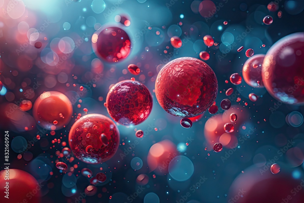 Abstract scientific illustration of red spheres in fluid, representing blood cells or biological particles in motion with bokeh effect. Abstract scientific illustration of red spheres in fluid, representing blood cells or biological particles in motion with bokeh effect.