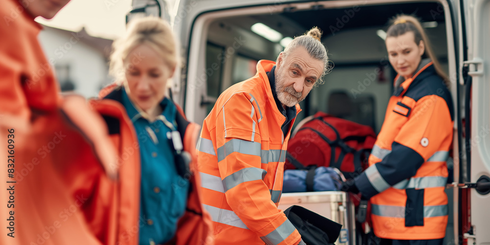Paramedics in high-visibility uniforms are helping a person into the back of an ambulance Paramedics in high-visibility uniforms are helping a person into the back of an ambulance