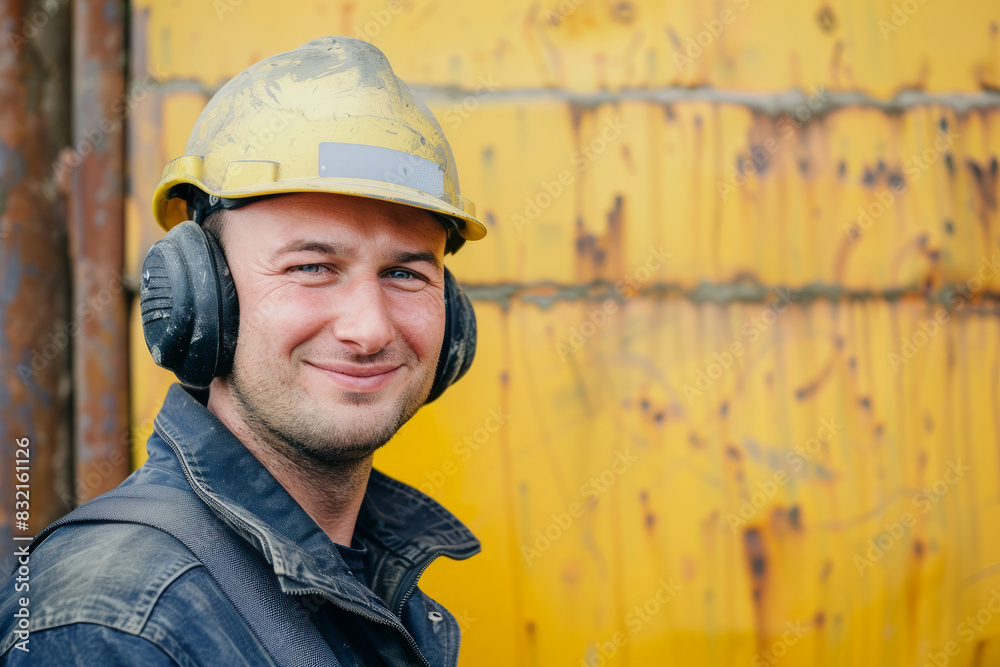Portrait of happy construction worker wearing safety gear Portrait of happy construction worker wearing safety gear