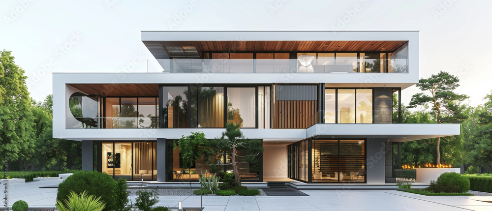Sleek and elegant modern house in 3D rendering against white background. Sleek and elegant modern house in 3D rendering against white background.