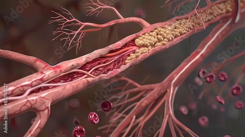 Detailed medical illustration showing an artery affected by atherosclerosis with cholesterol buildup and blood flow in a human circulatory system. photo