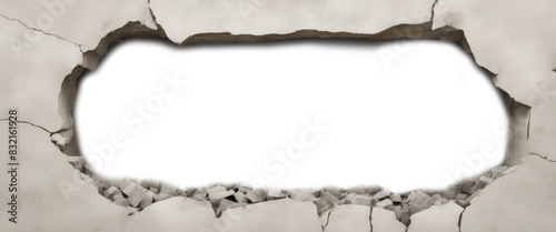 Large jagged hole in a cracked concrete wall isolate on transparent background, cutout, png