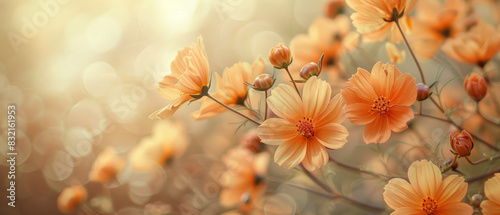 Vibrant flowers blooming on a soft cream background, creating a serene and elegant aesthetic.