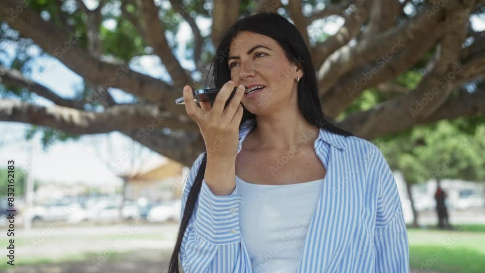 A beautiful young hispanic woman speaks into a smartphone while standing outside in a park with large trees and a road in the background. A beautiful young hispanic woman speaks into a smartphone while standing outside in a park with large trees and a road in the background.