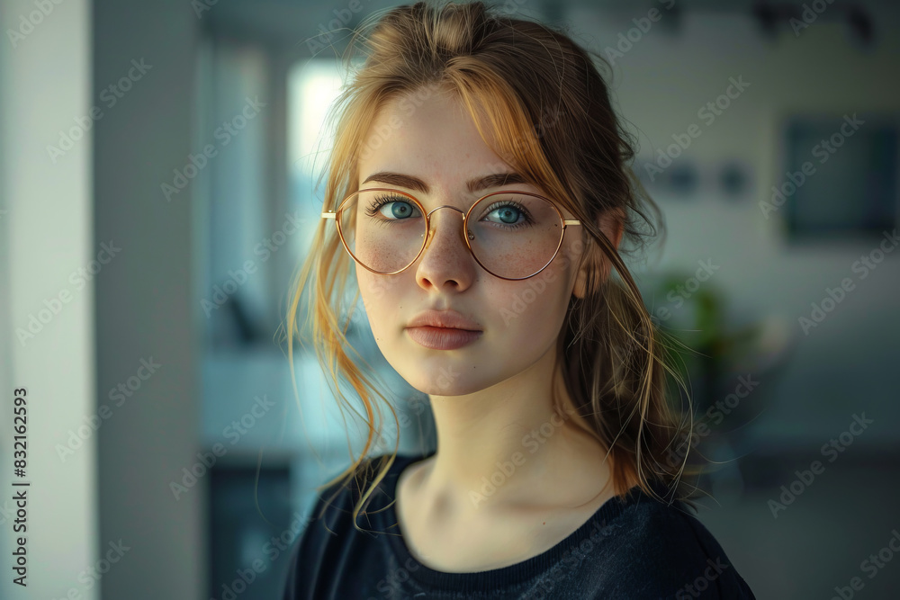 Portrait of a young woman with glasses and a thoughtful expression Portrait of a young woman with glasses and a thoughtful expression