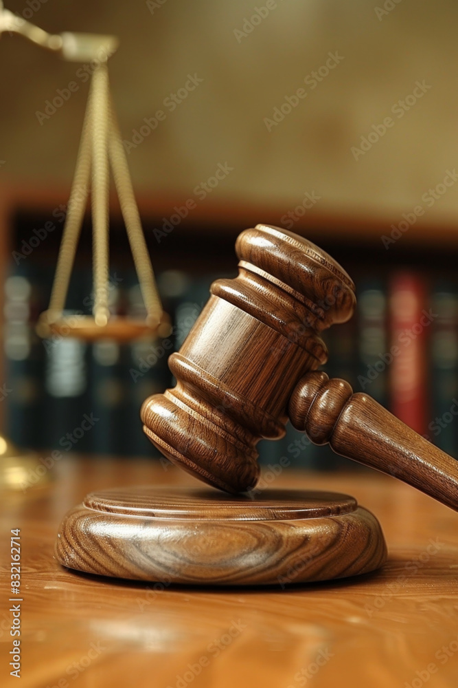 A powerful gavel symbolizing law and authority in a courtroom setting. A powerful gavel symbolizing law and authority in a courtroom setting.